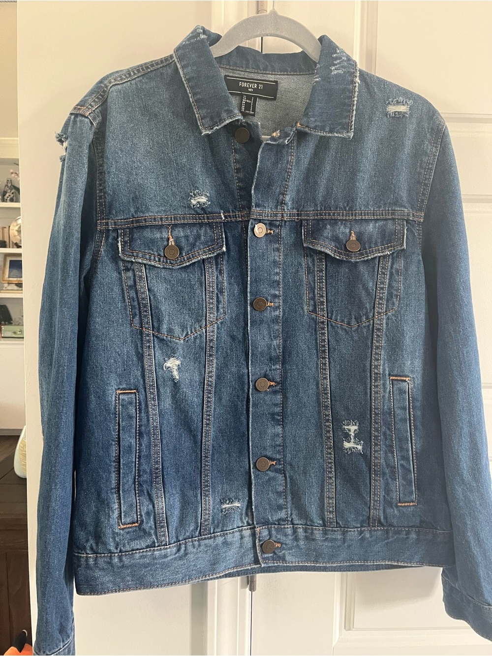 Forever 21 Men's Distressed Dark Blue Denim Jacket